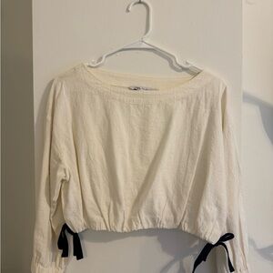 Elegant Cream Women's Linen Top with Black Bows